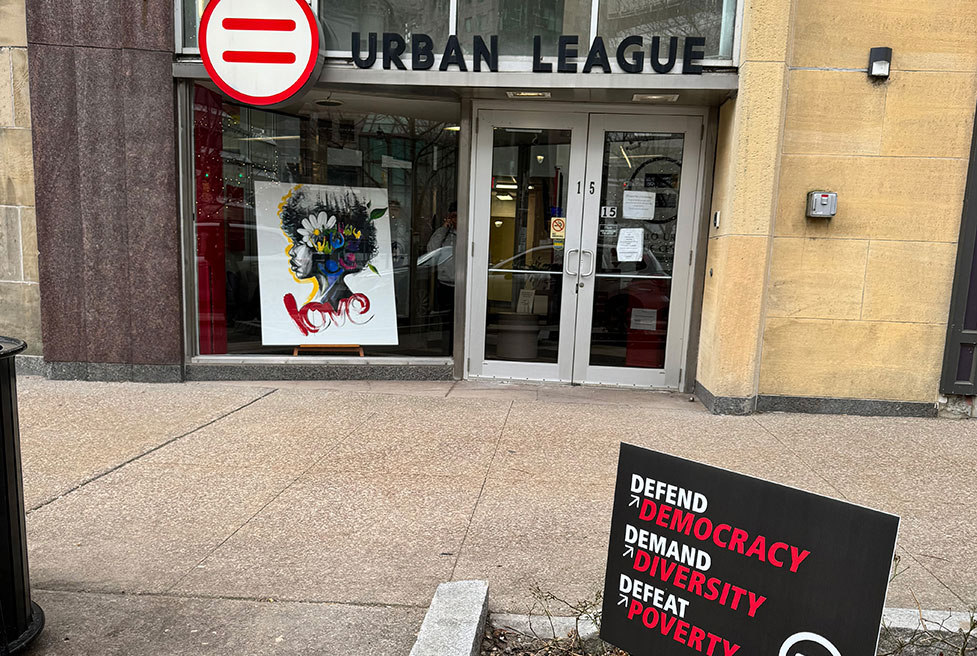Entrance to the Urban League in Buffalo, NY, showcasing the focus on the Three Ds: “Defend Democracy, Demand Diversity, Defeat Poverty.”